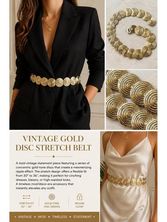 Accessories - Vintage 80s/90s Gold Disc Stretch Belt Mod Disco 30"-36"